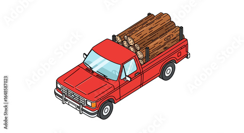 Red Pickup Truck Loaded with Timber Logs in Isometric View