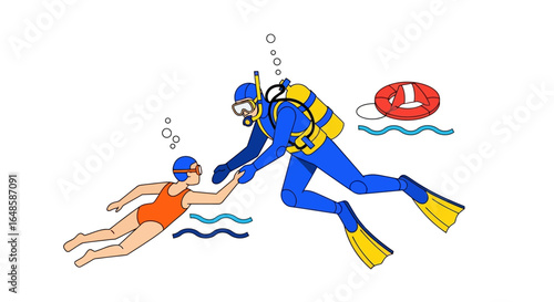 Scuba diver assisting a swimmer with a life preserver nearby