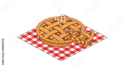 Steaming hot apple pie with a golden lattice crust and a single slice removed.
