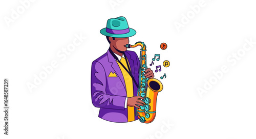 Stylish jazz musician in a purple suit and teal fedora playing the saxophone.