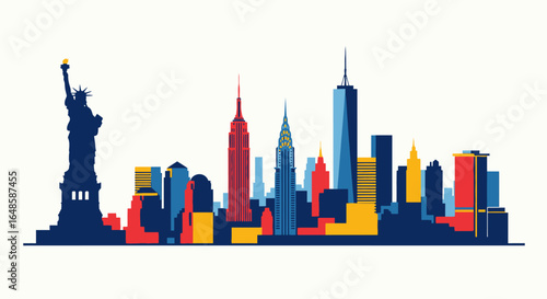 Stylized New York City skyline illustration with famous landmarks in a bold, minimalist color palette of blue, red, and yellow.