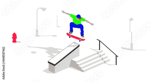 Stylized skateboarder in vibrant clothes jumping over a concrete ledge and stairs in a minimalist urban scene.
