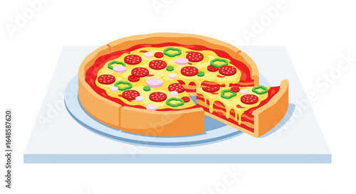 Thick crust Chicago-style deep-dish pizza with pepperoni, peppers, and a cheesy slice being served.