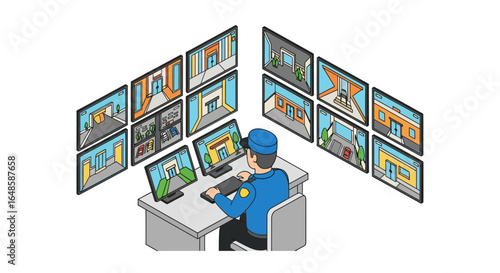 [title] Isometric illustration of a security guard in a blue uniform monitoring multiple CCTV screens at a control room desk.