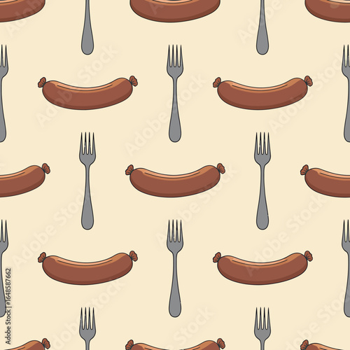 Seamless Pattern of Sausages and Forks Food Design Culinary Background Gastronomy Delicacy BBQ Picnic