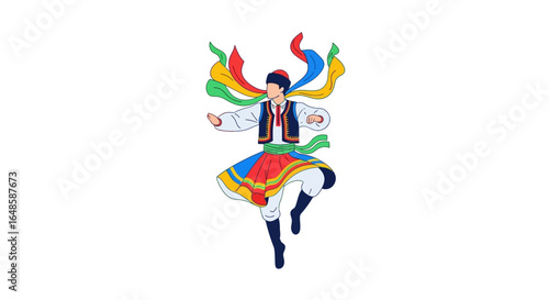 Traditional Dancer in Colorful Costume with Flowing Ribbons Illustration