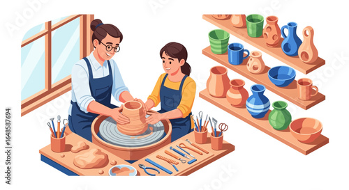 Two people working together at a pottery wheel creating ceramic art