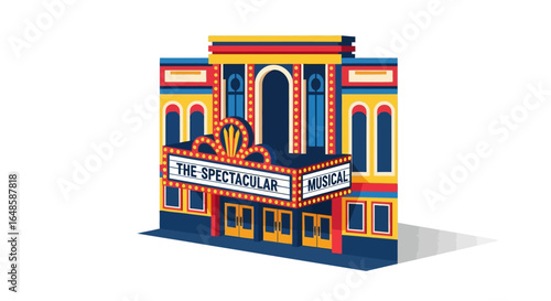 Vibrant Art Deco Theater Facade with a Brightly Lit Musical Marquee Sign