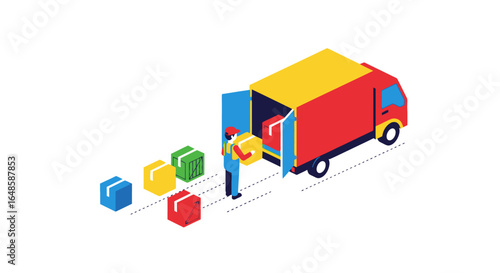Vibrant isometric delivery truck and worker loading colorful boxes, a modern flat vector illustration.