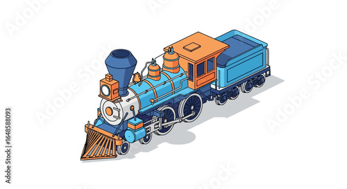 Vintage blue steam locomotive with an orange cab and cowcatcher. Isometric vector style illustration of a classic train engine with a tender.