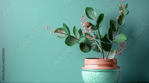 A stylish still life composition features a potted plant with a teal backdrop, perfect for decor.