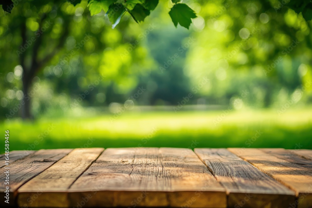 Wooden Table in a Green Summer Garden Background Ideal for Mockups and Display Wooden Table in a Green Summer Garden Background Ideal for Mockups and Display
