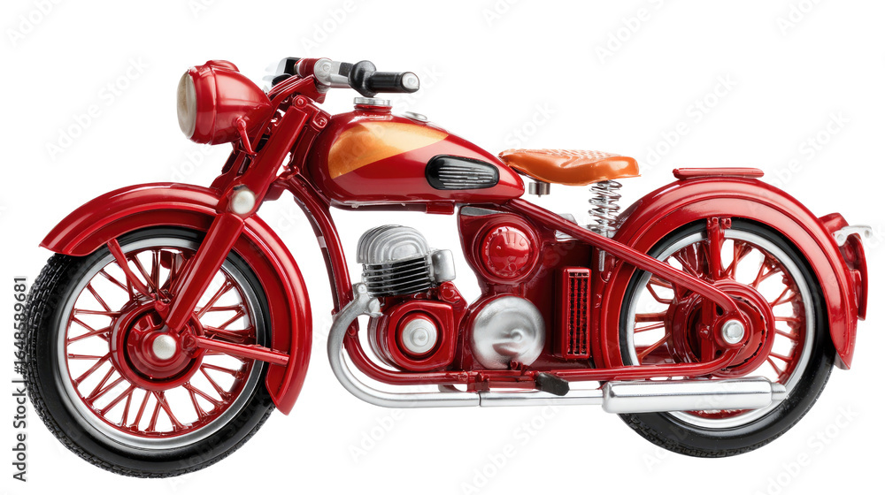 Obraz premium Vintage Motorcycle: A classic motorcycle in striking red, exuding timeless style, stands as a symbol of adventure and freedom, its gleaming form a testament to meticulous design and enduring appeal.