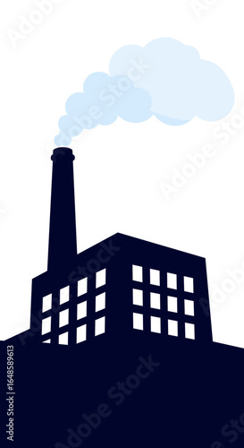 Silhouette of an industrial factory building with a smokestack emitting a plume of blue smoke against a white background creating a stark and powerful industrial landscape