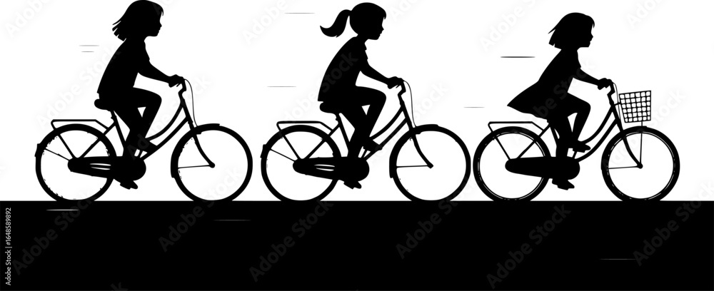Obraz premium three children riding bicycles, silhouettes, black and white, side view, simple background