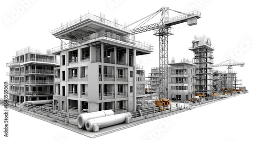 Construction Site: A bustling construction site with cranes and partially built buildings depicts the ongoing progress of an urban project, illustrating the transformation of a city skyline.