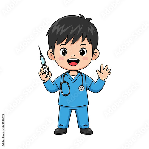 Cartoon doctor holding syringe cheerful character wearing scrubs with stethoscope healthcare concept