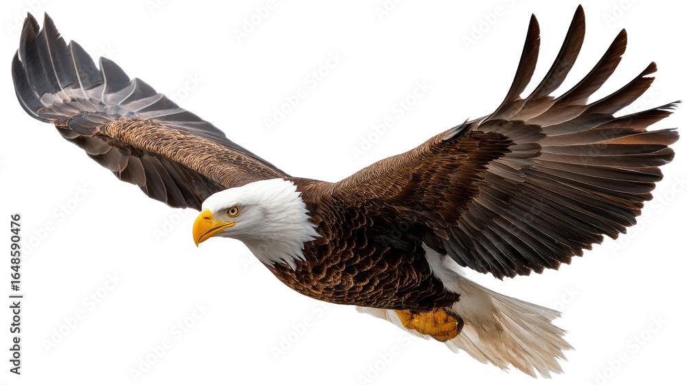 Obraz premium Majestic Eagle Soaring in Flight: Witness the captivating image of a bald eagle in its full glory, mid-flight. Showcasing the bird's powerful wingspan and keen gaze.