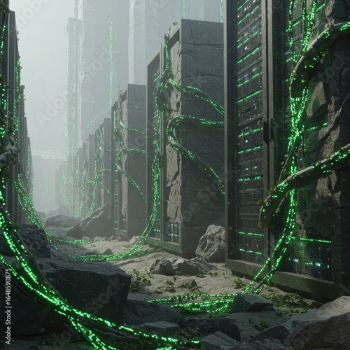 Overgrown data center showcases a futuristic, post-apocalyptic technological landscape