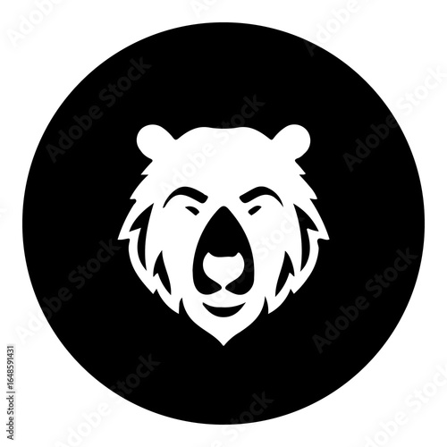 A bear head icon in the center. Isolated white symbol in black circle. Illustration on transparent background