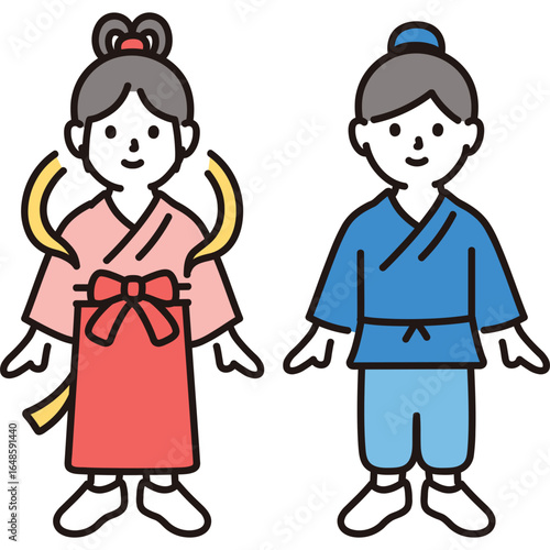 Charming simplified illustrations of a man and woman in traditional Japanese cultural attire, representing heritage and festive celebrations with a clean and modern cartoon style.