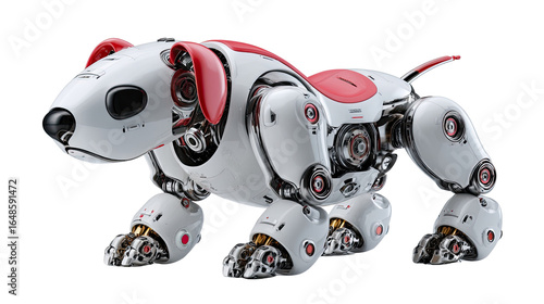 Futuristic Robotic Dog: A striking digital rendering of a futuristic robotic dog, boasting sleek metallic surfaces, intricate internal mechanisms, and a playful aesthetic.