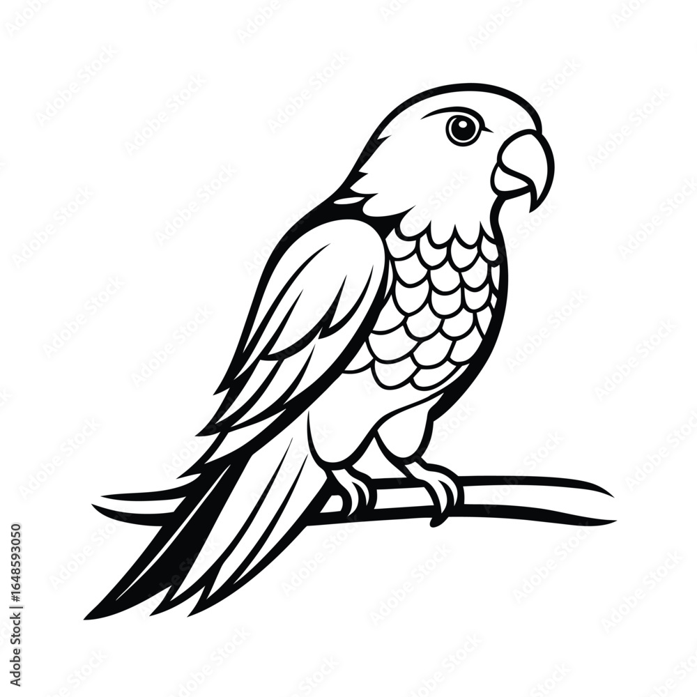 Obraz premium Elegant line art illustration of a colorful lorikeet bird perched on a tree branch against a clean white background