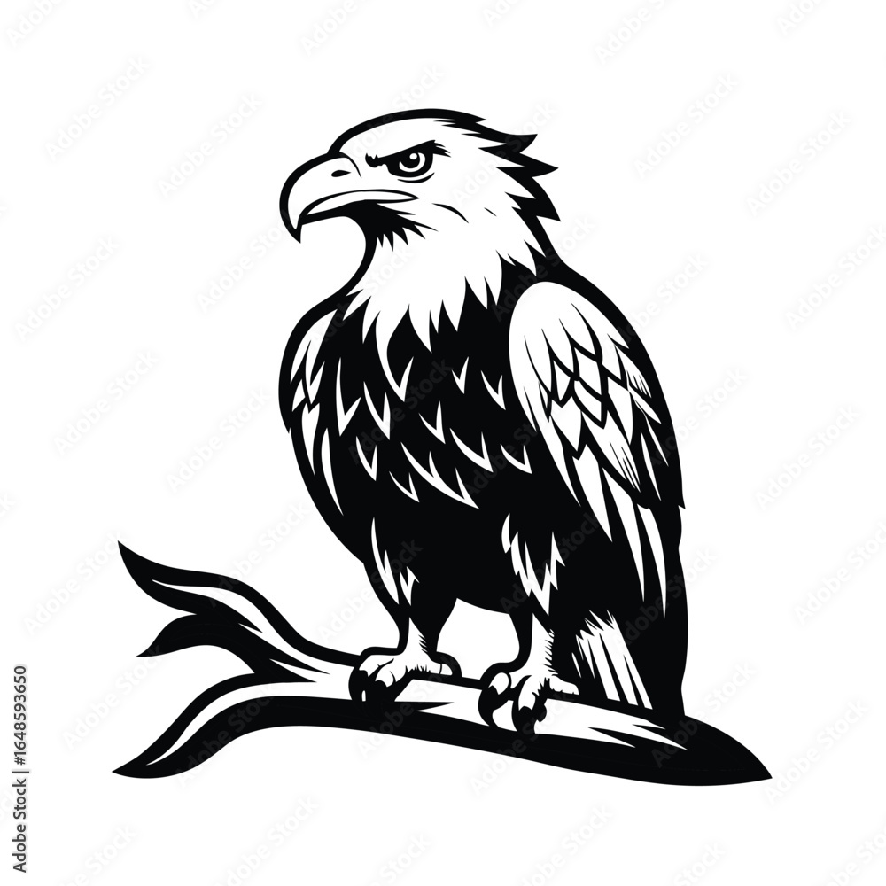 Fototapeta premium Majestic bald eagle perched on a weathered rugged tree branch with intricate linework detail