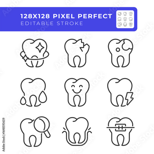 Dental service pixel perfect line icons set. Cosmetic dentistry, stomatology. Teeth treatment, healthcare. Isolated vector outline illustrations. Thin lineart iconset symbols. Editable stroke