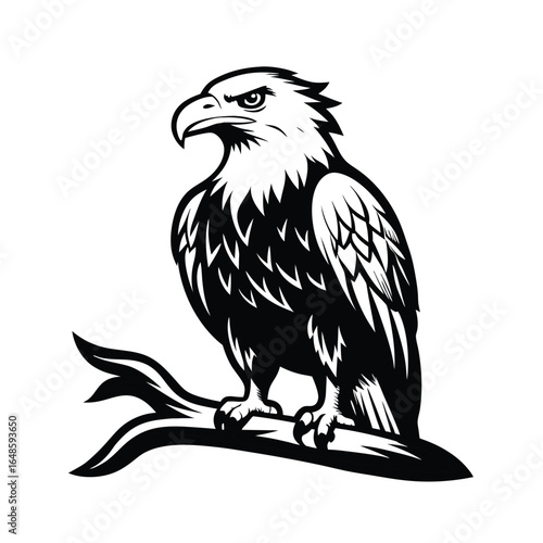 Majestic bald eagle perched on a weathered rugged tree branch with intricate linework detail