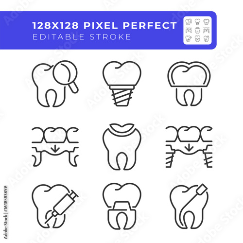 Teeth treatment pixel perfect line icons set. Dental bridge, examination. Medical service, stomatology. Isolated vector outline illustrations. Thin lineart iconset symbols. Editable stroke