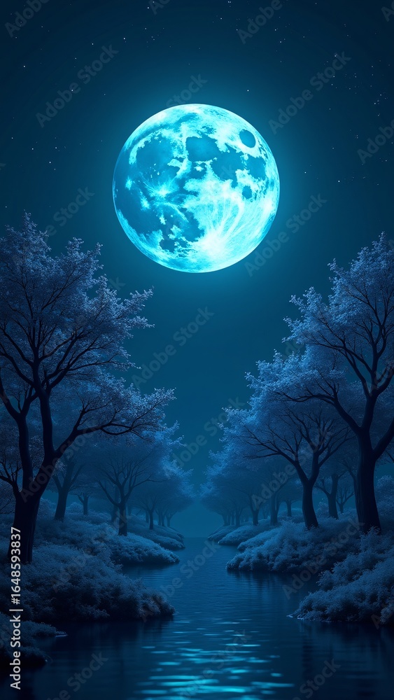 Fototapeta premium Moonlit Winter River with Frosted Trees