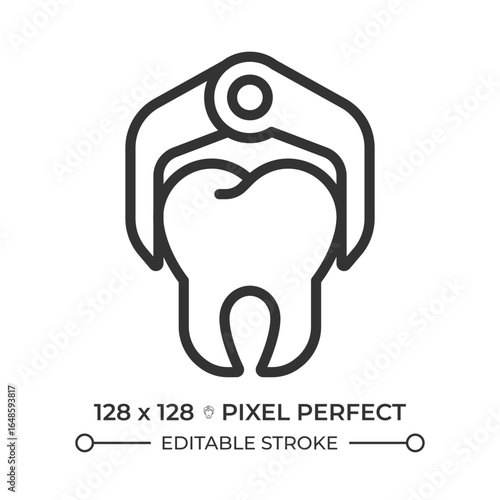 Dental surgery pixel perfect line icon. Tooth extraction procedure, instrument. Oral healthcare, stomatology. Isolated vector illustration. Outline symbol. Simple linear drawing. Editable stroke