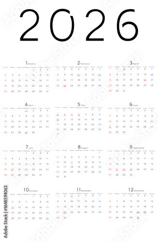 2026年年間シンプルカレンダー　曜日 英語