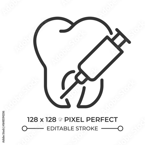 Dental surgery painkiller pixel perfect line icon. Tooth treatment, syringe injection. Oral health, professional. Isolated vector illustration. Outline symbol. Simple linear drawing. Editable stroke