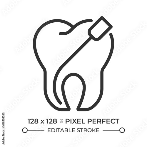 Root canal treatment pixel perfect line icon. Professional dental care. Oral health. Stomatology, odontology. Isolated vector illustration. Outline symbol. Simple linear drawing. Editable stroke
