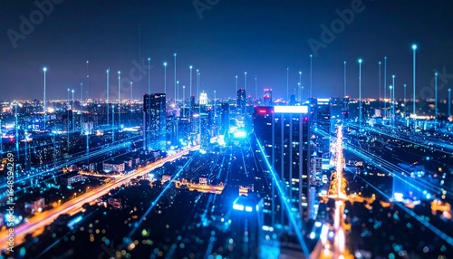Night aerial cityscape shows glowing data connections forming a vibrant network across urban buildings, symbolizing modern technology and communication, worldwide.