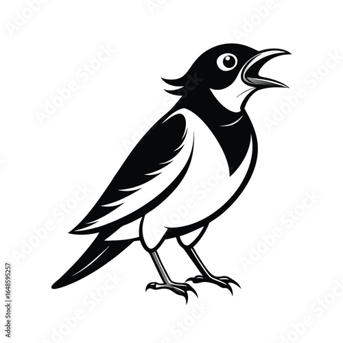 Elegant line art illustration of a mynah bird vocalizing clearly on a pristine white background