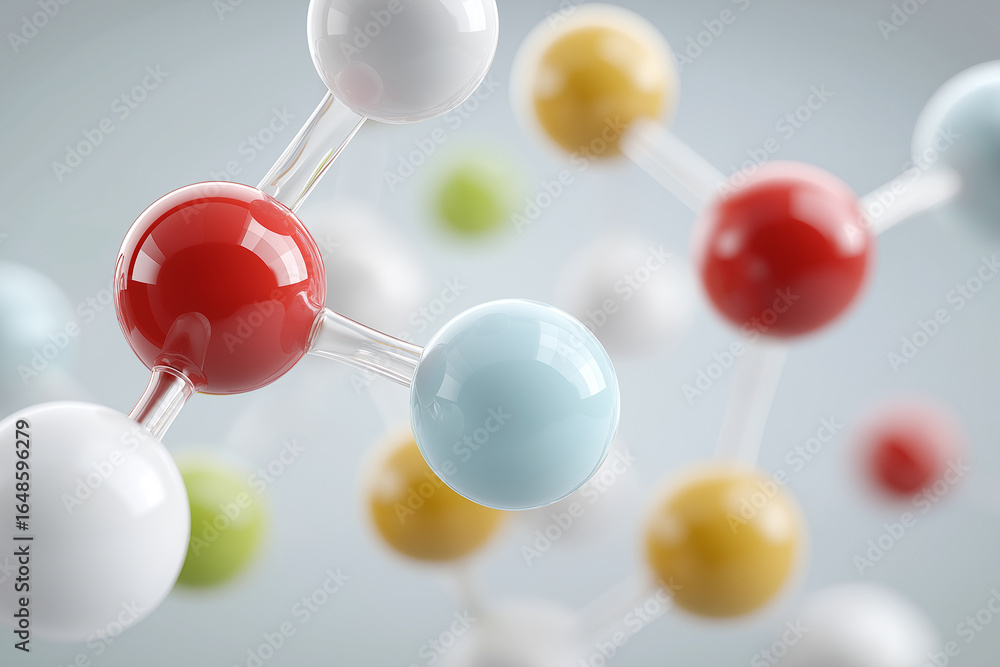 Obraz premium Photo realistic 3D render of chemical molecular structure with colorful atoms and bonds