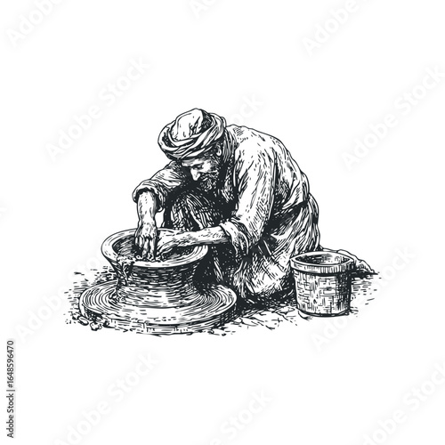 Man wearing turban shaping clay on potter's wheel with bucket nearby