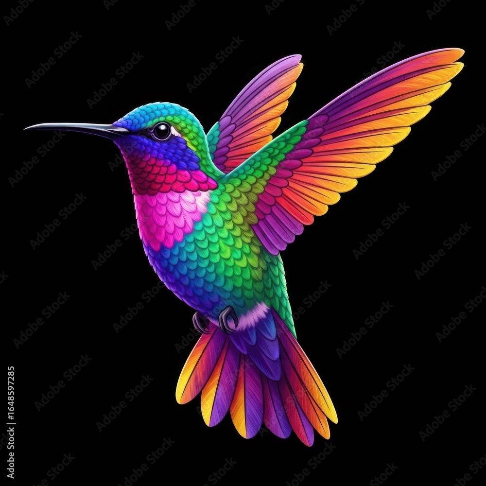 Fototapeta premium Vibrant rainbow hummingbird in flight against a black background