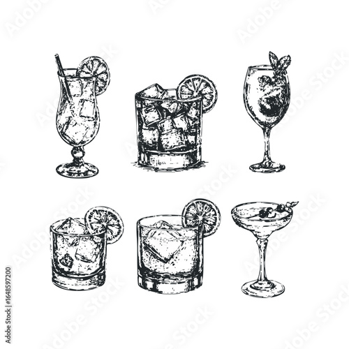 Collection of six hand-drawn cocktail drinks with ice and fruit garnishes