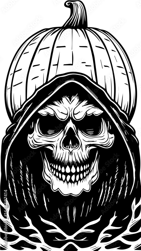 Fototapeta premium SVG of a Halloween-themed Grim Reaper with a skeletal figure. Sinister Skull with Pumpkin and Cloak for Halloween Themed Decor