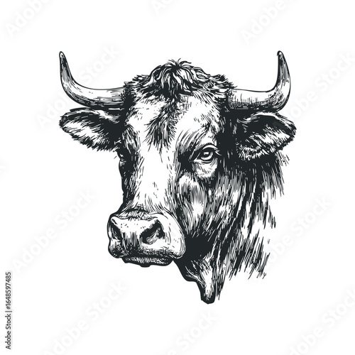 Detailed black and white sketch of a bull's head with prominent horns
