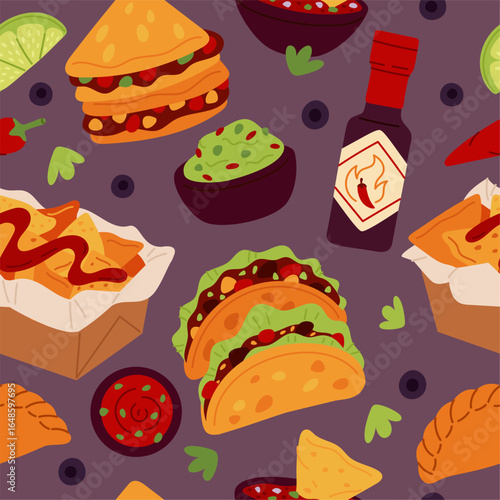 Nachos seamless pattern. Traditional mexican food, spicy dishes, tasty products, tacos, quesadillas, guacamole, textile design, wrapping and wallpaper, print for fabric garish vector background