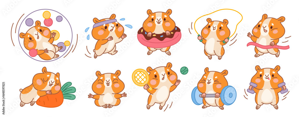 Obraz premium Cute hamster character. Kawaii little pet, funny kids mascot in different actions and poses, sporting animal, big cheeks, domestic rodent stickers, garish vector cartoon isolated set