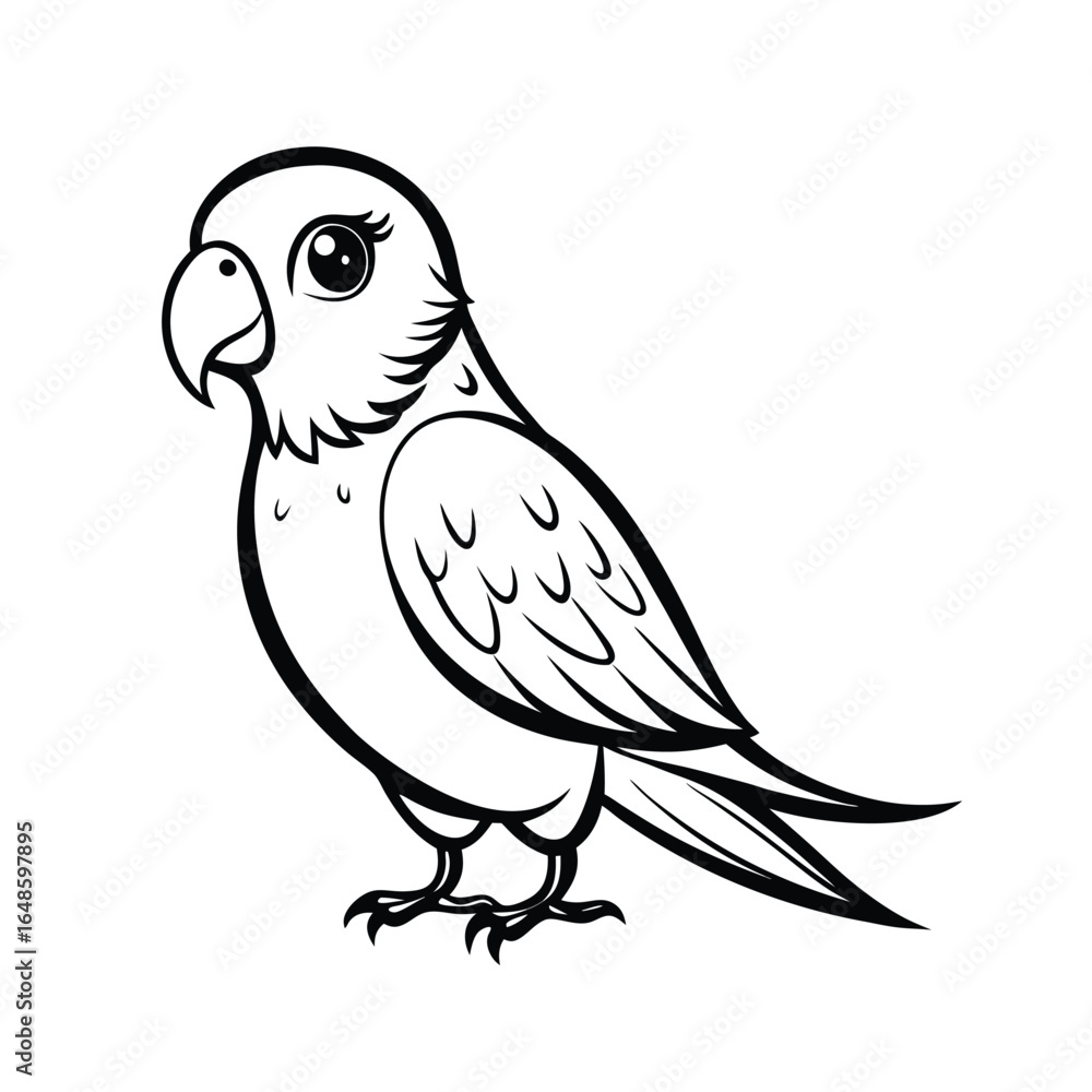 Fototapeta premium Alert parakeet standing in profile line art illustration on a clean white background