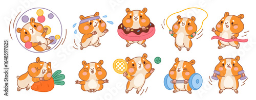 Cute hamster character. Kawaii little pet, funny kids mascot in different actions and poses, sporting animal, big cheeks, domestic rodent stickers, garish vector cartoon isolated set