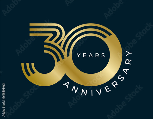 30 Years Anniversary design vector illustration. Unique 30 years logo design template. In gold color