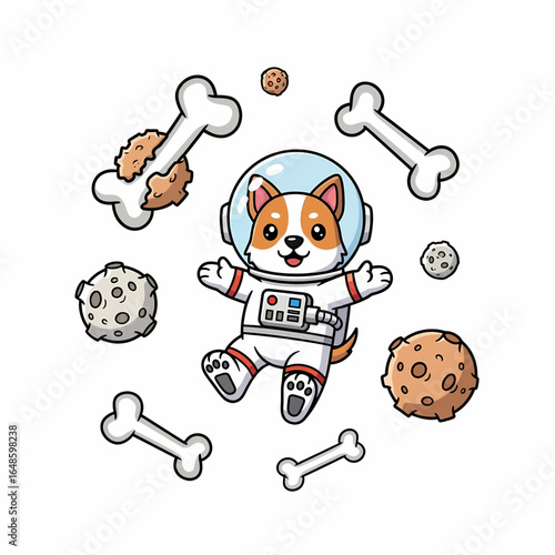 dog in an astronaut suit floats in outer space, surrounded by bones and small planets